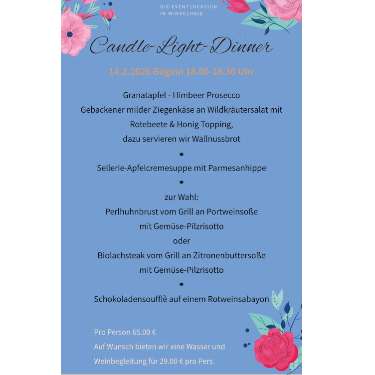 Liebevoll gestaltete Speisekarte zum Valentinstag.